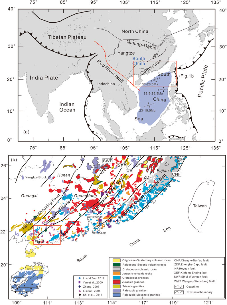 Map divided into two panels. Panel (a) shows tectonic features in Southeast Asia, including the Tibetan Plateau, India Plate, Red River Fault, and Cathaysian Block in the South China Sea. Panel (b) details geological structures in South China, highlighting various faults and volcanic rock distributions with a color-coded legend. Taiwan is to the right.