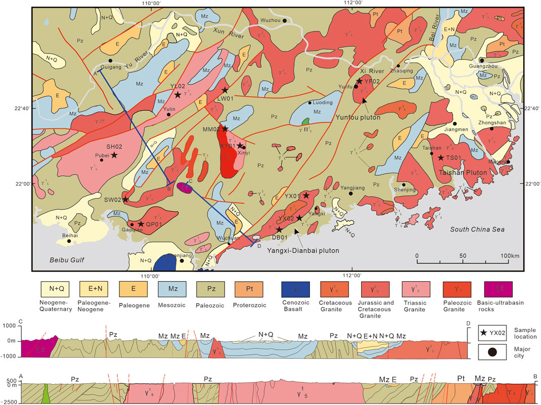 Geological map of a region near the South China Sea, depicting various geological formations and rock types using different colors. The map includes labels for Neogene-Quaternary, Paleogene-Neogene, Cenozoic Basalt, and multiple granite types. Major cities, sample locations, and plutons are marked with symbols. There are two cross-sectional profiles below the map, showing variations in rock layers and depths along specified lines. Red lines indicate geological faults. A scale bar and directional arrows are present.