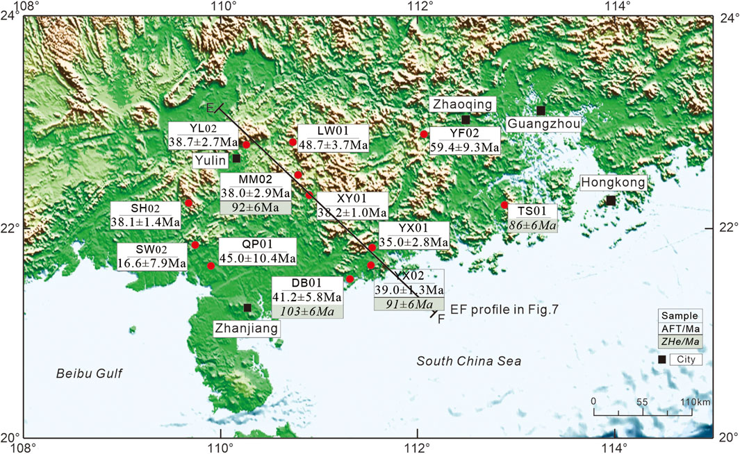 Map of southern China showing geological sample sites marked with red dots and labeled with codes and ages in millions of years (Ma). Cities like Zhanjiang, Yulin, Guangzhou, and Hong Kong are marked with black squares. The map features topographical details, with elevation changes represented in color gradients from green to brown. Latitude and longitude lines are marked, with a scale bar indicating distances of 0 to 110 kilometers. Key at the bottom right distinguishes between sample sites and cities.