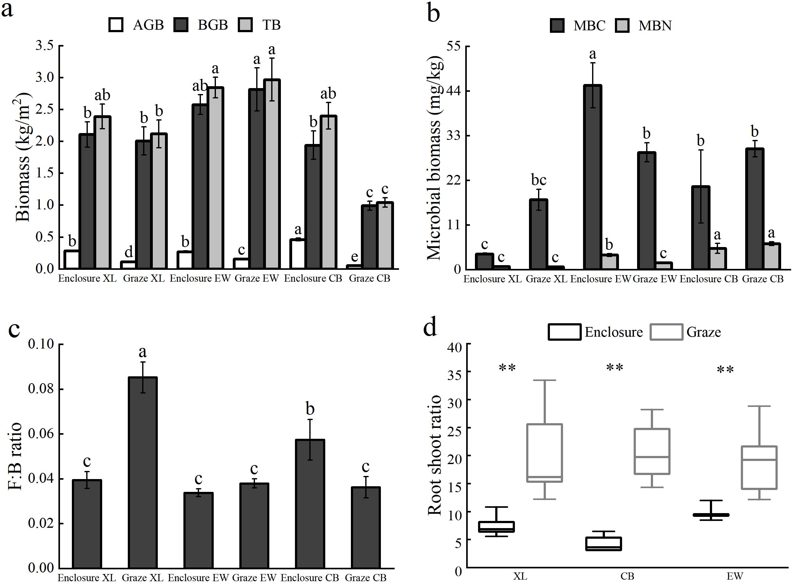 Four graphs (a-d) showing biomass measurements under different conditions. Graph (a) displays total biomass (AGB, BGB, TB) in kg/m² across various enclosures and grazed areas, with significant differences marked by letters. Graph (b) shows microbial biomass (MBC, MBN) in mg/kg with significant differences indicated by letters. Graph (c) presents the fungi-to-bacteria ratio (F:B) also with significant differences marked by letters. Graph (d) compares the root-to-shoot ratio in different environments (XL, CB, EW) with significant differences indicated by asterisks.