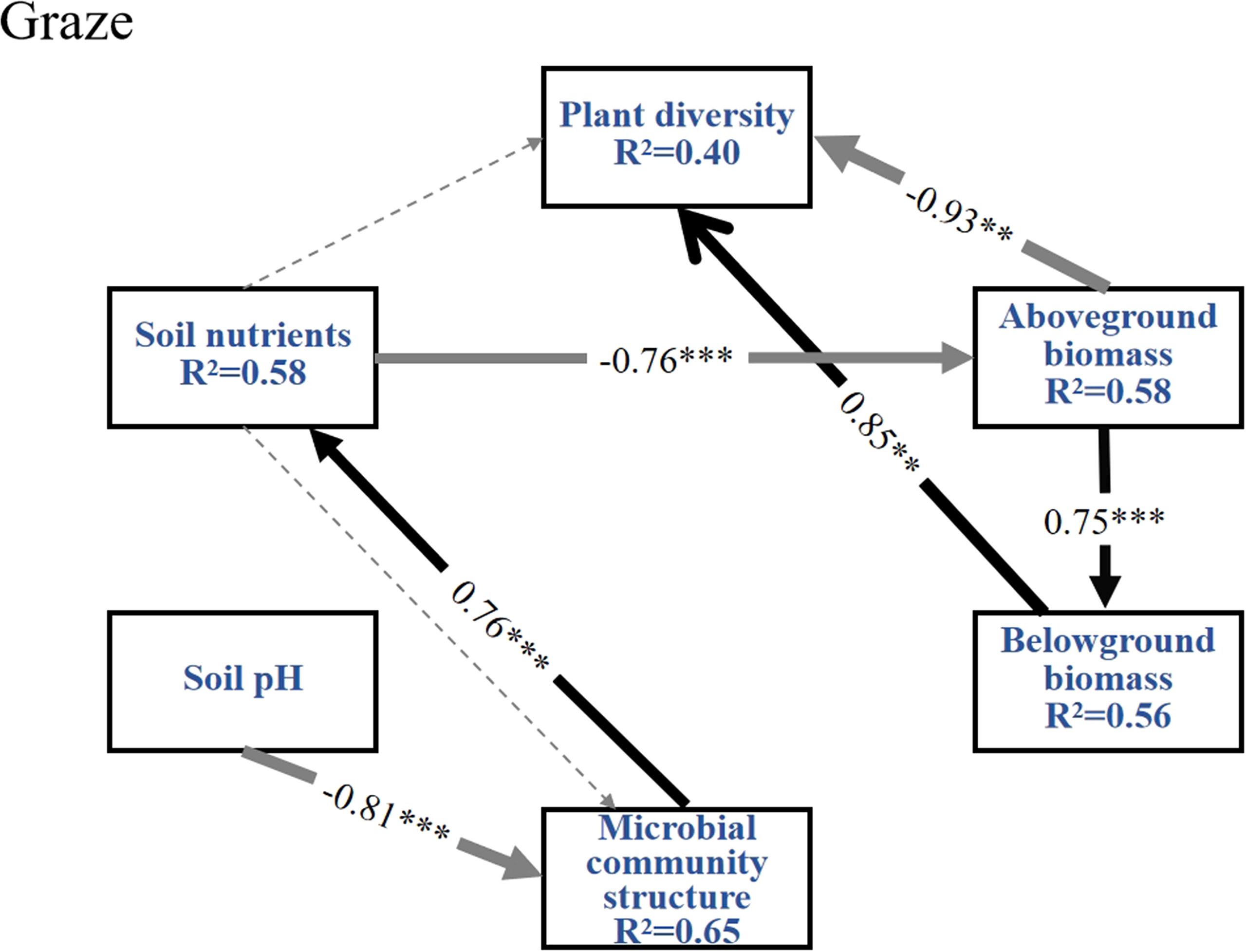Diagram illustrating the relationships between plant diversity, soil nutrients, aboveground biomass, belowground biomass, microbial community structure, and soil pH in a grazed ecosystem. Arrows indicate the direction and strength of influence, marked by coefficients such as 0.76 and -0.81. R-squared values are given for each component, indicating the proportion of variance explained.
