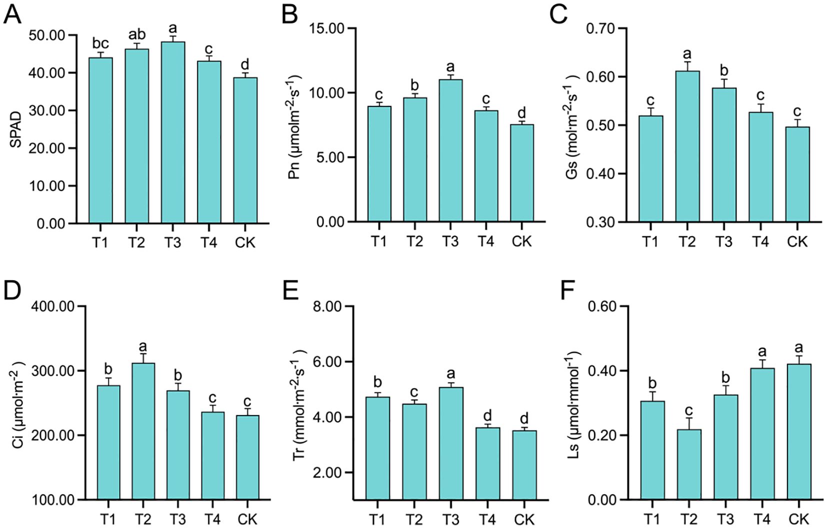 Bar charts labeled A to F compare various plant physiological metrics across treatments T1, T2, T3, T4, and CK. Chart A shows SPAD values; B displays photosynthetic rate (Pn); C presents stomatal conductance (Gs); D illustrates intercellular CO2 concentration (Ci); E shows transpiration rate (Tr); F depicts stomatal limitation (Ls). Each chart includes error bars and differentiates data points with letters indicating statistical differences.