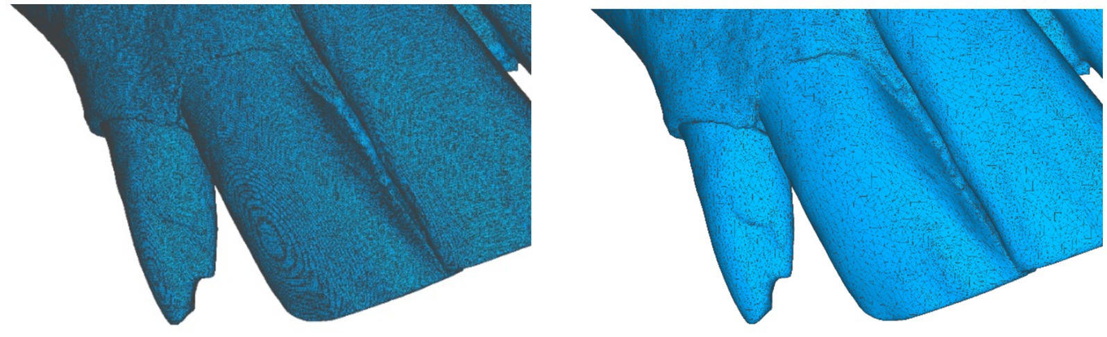 Two side-by-side close-up images of a blue 3D model, showing a detailed surface texture. The left image has more pronounced dark areas compared to the right image, which appears more uniformly blue.