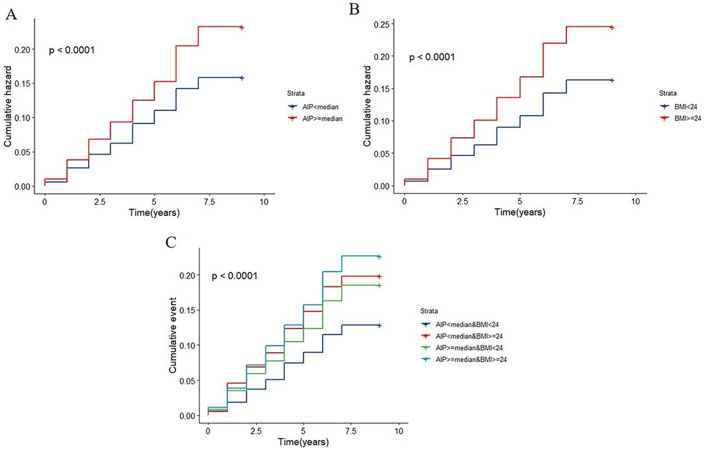 Three cumulative hazard plots with significance levels p < 0.0001. Plot A shows AIP groups; red for AIP ≥ median, blue for AIP < median. Plot B shows BMI groups: red for BMI ≥ 24, blue for BMI < 24. Plot C combines AIP and BMI categories, with a legend detailing AIP and BMI combinations: turquoise for high AIP and BMI, blue for low AIP and BMI, green for high AIP and low BMI, and red for low AIP and high BMI.