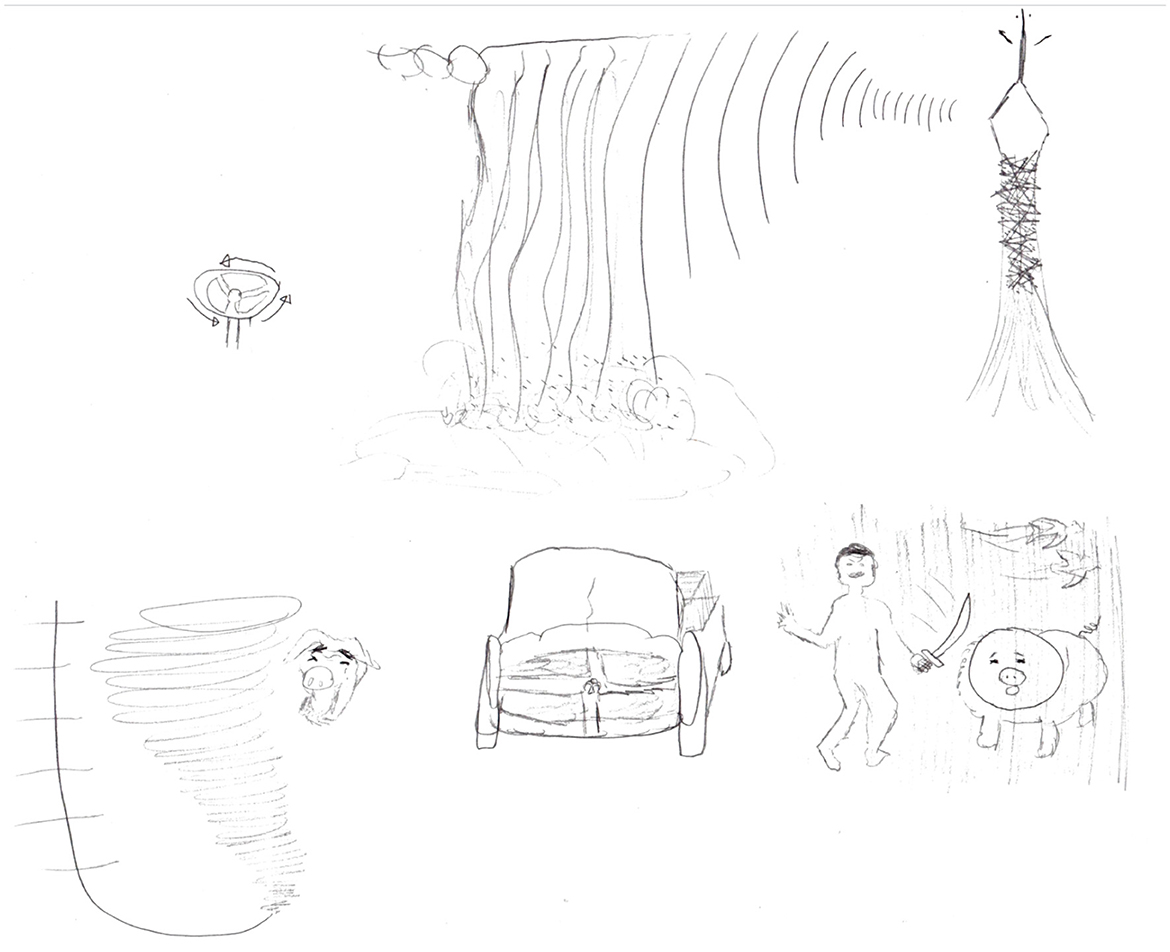 One participant’s graphical score with individually spaced elements: a tap surrounded by arrows indicating turning, vertical lines resembling water or lines of movement, concentric lines emanating from a radio tower, a narrow vortex with a net pattern, and a cartoon figure swinging a knife next to a large animal, possibly a pig, with birds flying in the background.