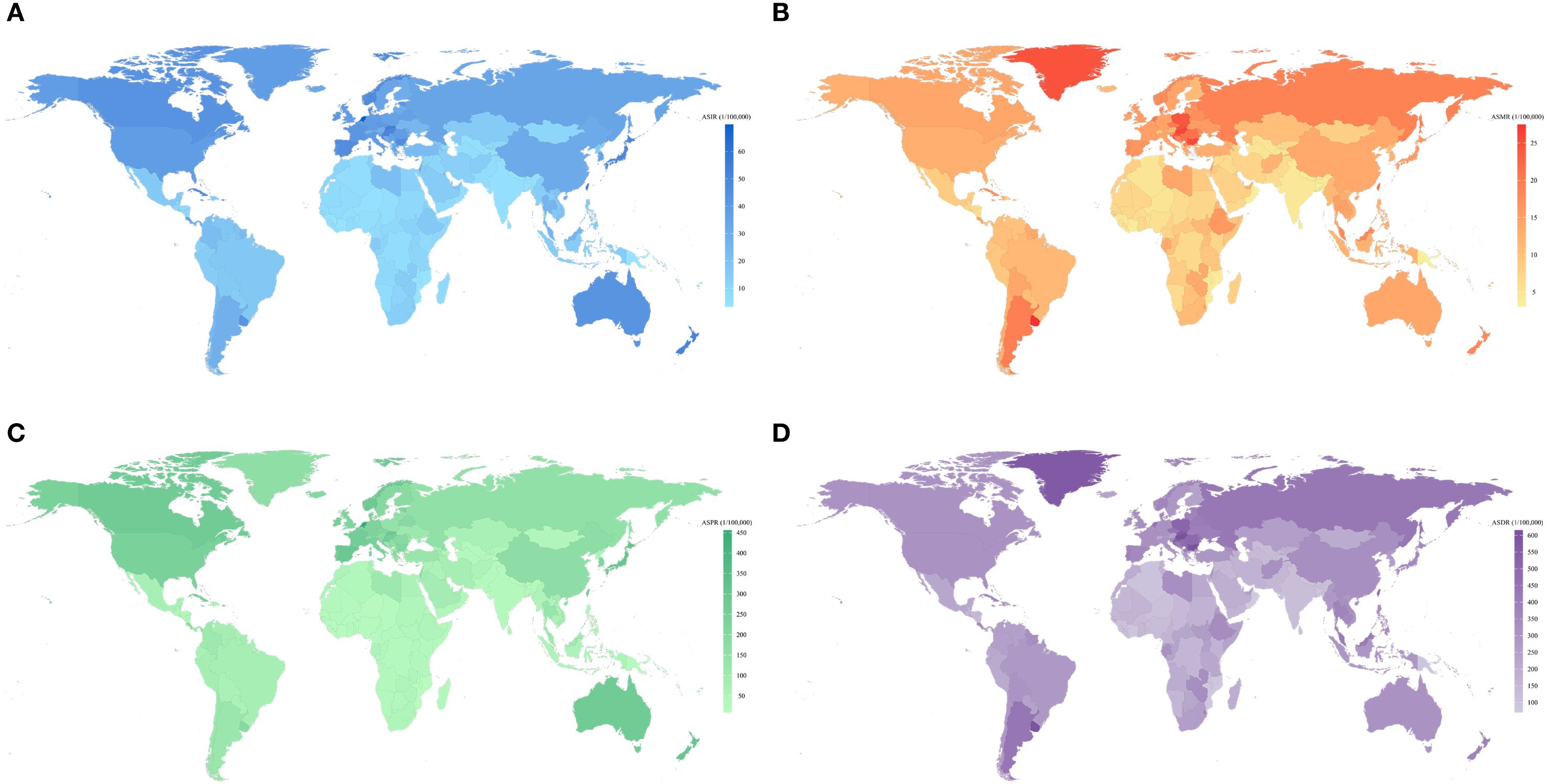 Four world maps labeled A, B, C, and D show various indices using color gradients. A is in shades of blue, mapping ASIR per 100,000 people. B is in shades of orange, displaying ASMR per 100,000 people. C is in green shades, representing ASPR per 100,000 people. D is in purple shades, showing ASDR per 100,000 people. Each map includes a color bar indicating the range of values.