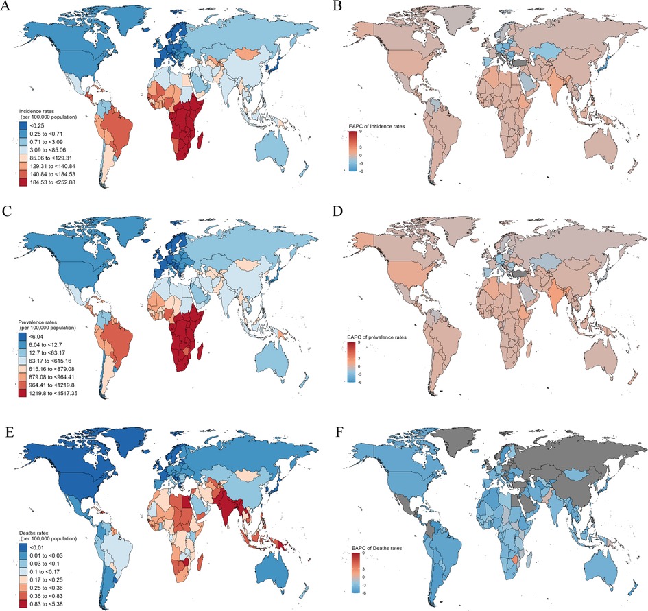 Six world maps depicting rates and trends of an unspecified measure. Maps A, C, and E show incidence, prevalence, and death rates respectively, with color gradients indicating different values. Maps B, D, and F display the corresponding annual percentage changes, also using color gradients. Blue indicates lower rates or decreases, while red indicates higher rates or increases. Each map includes a legend indicating the rate ranges.