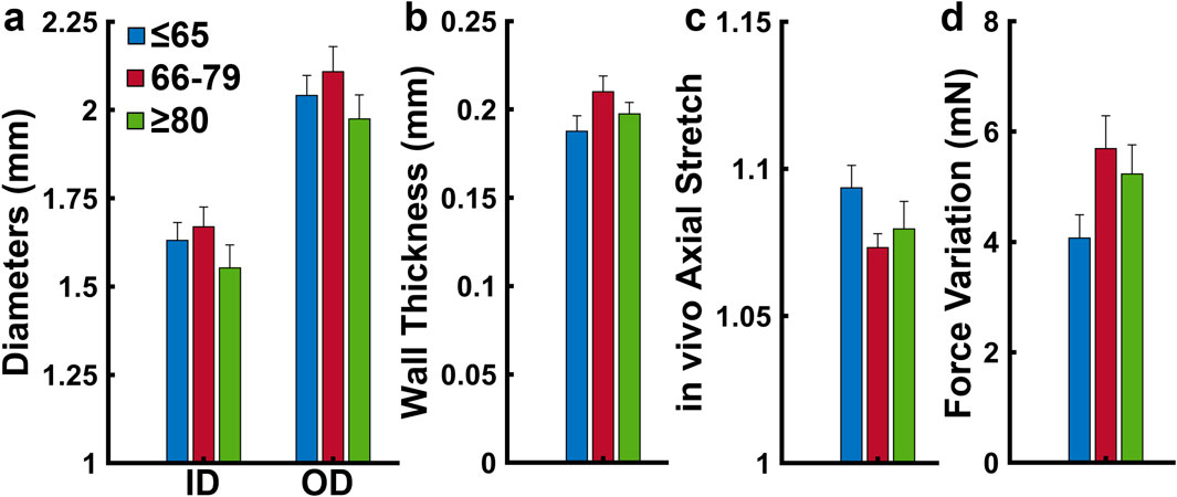 Bar charts displaying data for three age groups: blue (65 or younger), red (66 to 79), and green (80 or older). Panel a compares inner and outer diameters in millimeters. Panel b shows wall thickness in millimeters. Panel c illustrates in vivo axial stretch. Panel d presents force variation in millinewtons. Each chart compares the measurements across the age groups.