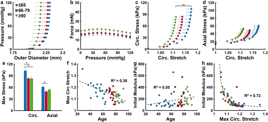 Graphs showing relationships between mechanical properties and age. (a-d) Graphs display pressure, force, circumferential, and axial stress against mechanical parameters. Different symbols represent age groups: circles (≤65), squares (66-79), and triangles (≥80). (e) Bar graph of maximum stress (circumferential and axial) with significance indicated. (f-h) Scatter plots show relationships: maximum circumferential stretch versus age, initial modulus versus age, and initial modulus versus maximum circumferential stretch, with R-squared values provided. Dotted lines indicate trends.