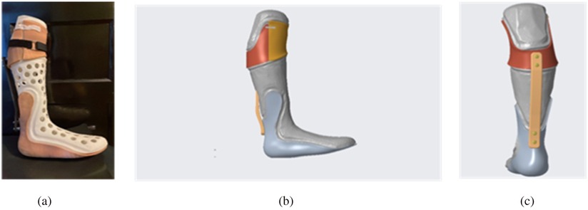 Three images of prosthetic leg designs. (a) A real prosthetic leg with a perforated white and tan design. (b) A side view of a digital prosthetic model in gray, orange, and yellow. (c) A back view of the same digital model highlighting the structural components.