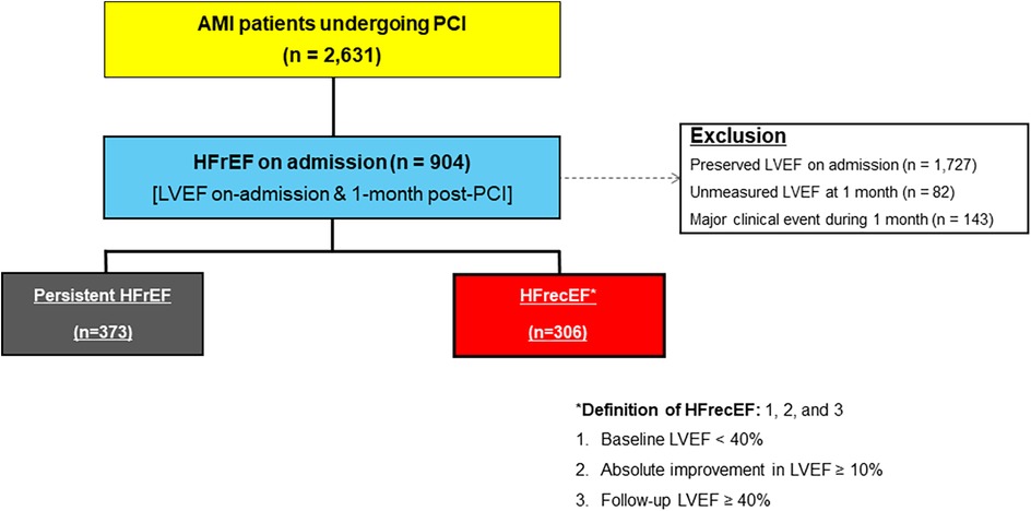 Flowchart depicting patients undergoing PCI. Among 2,631 AMI patients, 904 had HFrEF on admission, with exclusions for preserved LVEF, unmeasured follow-up LVEF, and major clinical events. 373 had persistent HFrEF, and 306 achieved HFrecEF, defined by specific LVEF criteria.