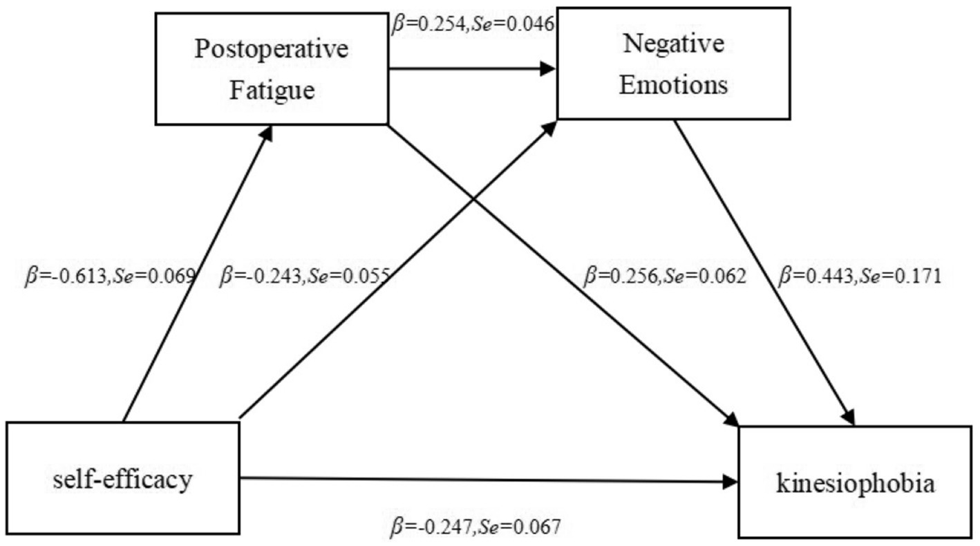 Flowchart showing relationships between self-efficacy, postoperative fatigue, negative emotions, and kinesiophobia. Arrow from self-efficacy to postoperative fatigue with β = -0.613, Se = 0.069, to negative emotions with β = 0.243, Se = 0.055, and to kinesiophobia with β = -0.247, Se = 0.067. Arrow from postoperative fatigue to negative emotions with β = 0.254, Se = 0.046, and to kinesiophobia with β = 0.256, Se = 0.062. Arrow from negative emotions to kinesiophobia with β = 0.443, Se = 0.171.