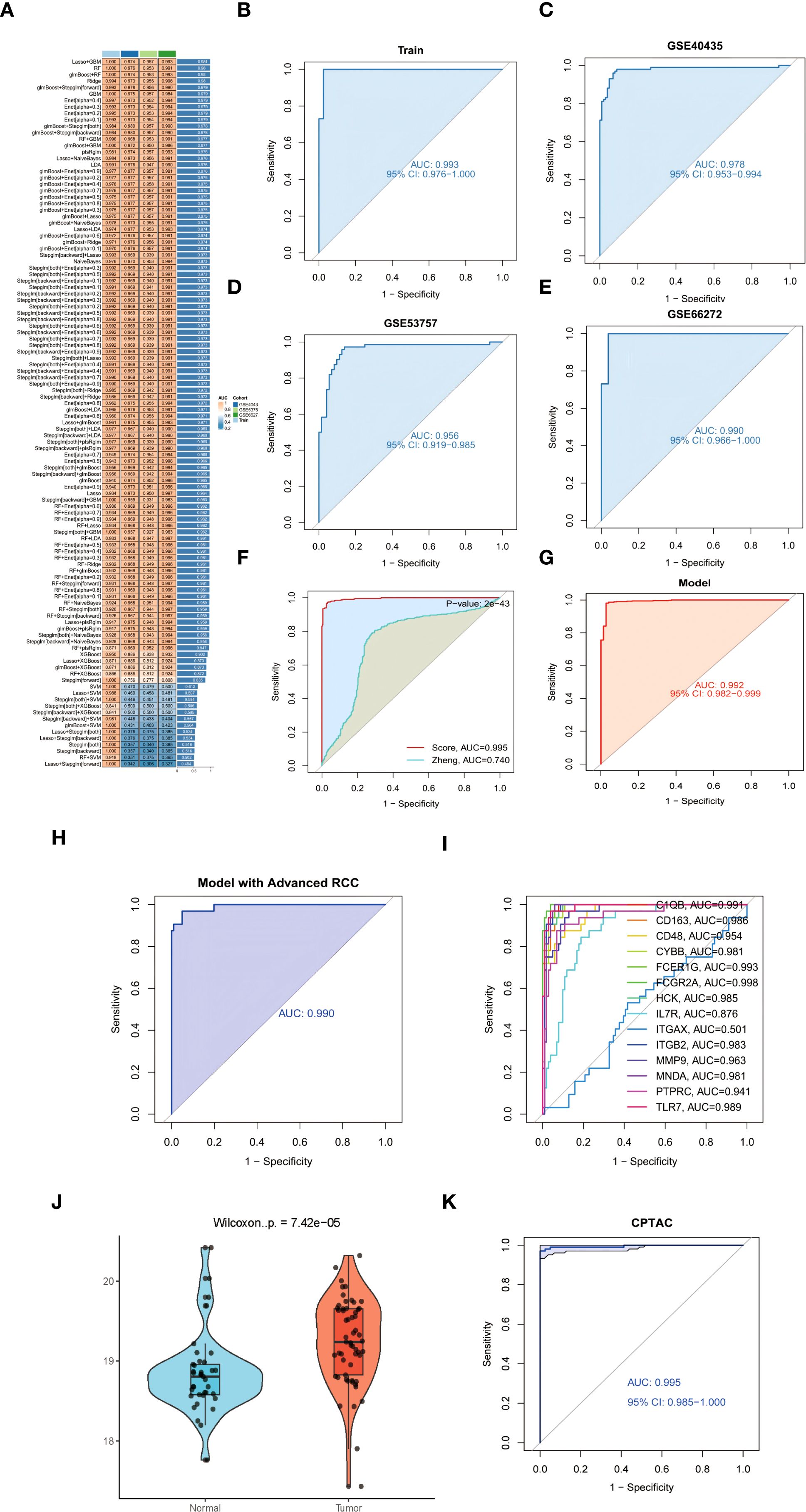 Group of diagrams and graphs related to statistical data analysis in medical research. A. Heatmap showing gene expression data for different cohorts with varying AUC (Area Under the Curve) values. B-K. Series of ROC (Receiver Operating Characteristic) curves illustrating model performance across different datasets (Train, GSE40435, GSE53757, GSE66272, Model, Advanced RCC, CPTAC) with AUC values and confidence intervals indicated. F. Comparison of two models with different performance metrics. I. Multiple ROC curves compared for various biomarkers, each with distinct AUC values. J. Violin plot showing a statistical distribution comparison between normal and tumor cohorts with a Wilcoxon p-value.