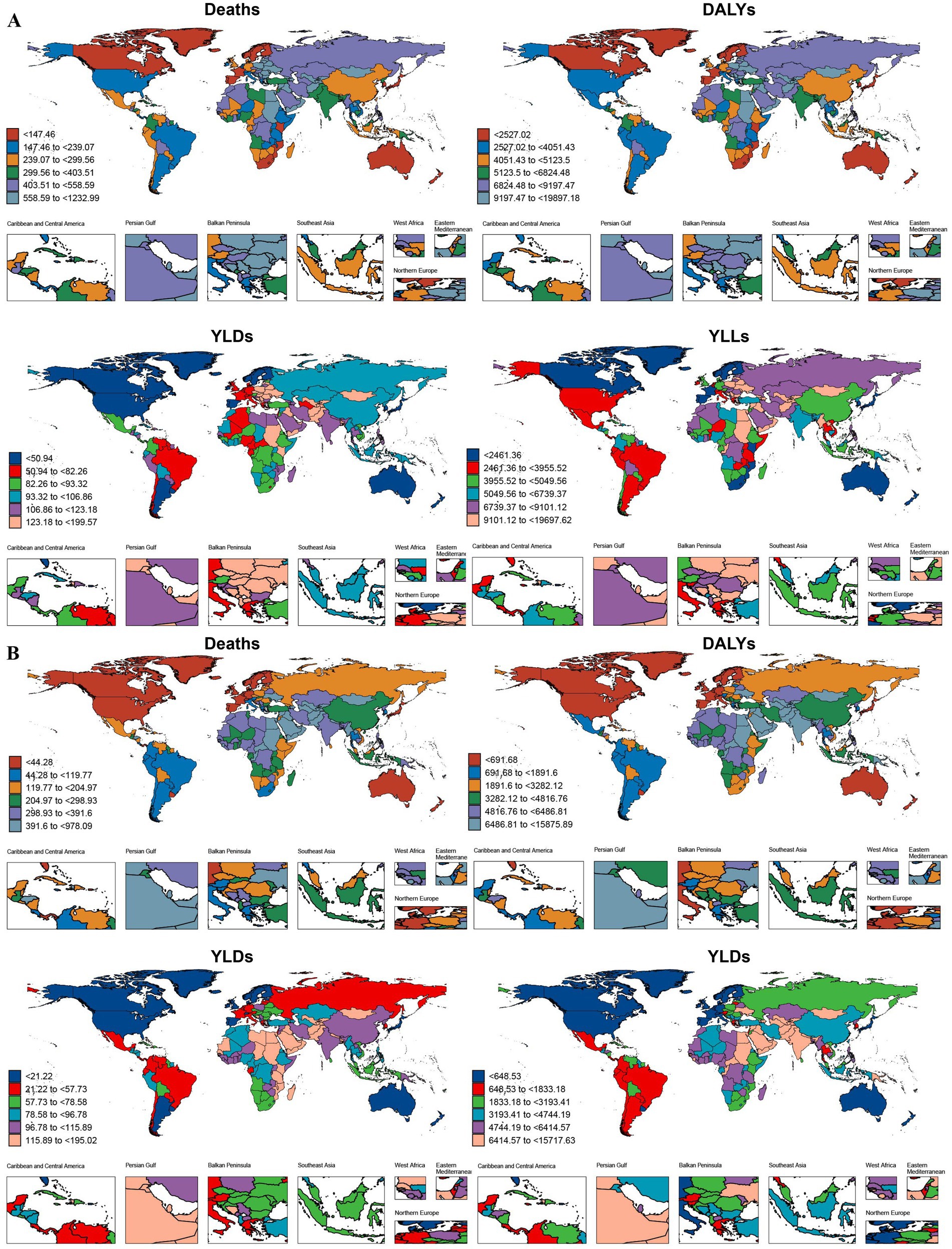 Global maps show geographic variations in health metrics including deaths, DALYs (Disability-Adjusted Life Years), YLDs (Years Lived with Disability), and YLLs (Years of Life Lost). Each map uses a color gradient to represent data ranges across different regions such as the Caribbean, West Africa, and Northern Europe. The image is divided into sections labeled A and B, each with four maps corresponding to the health metrics, illustrating different data sets or scenarios. Detailed views of selected regions are included at the bottom of each section.
