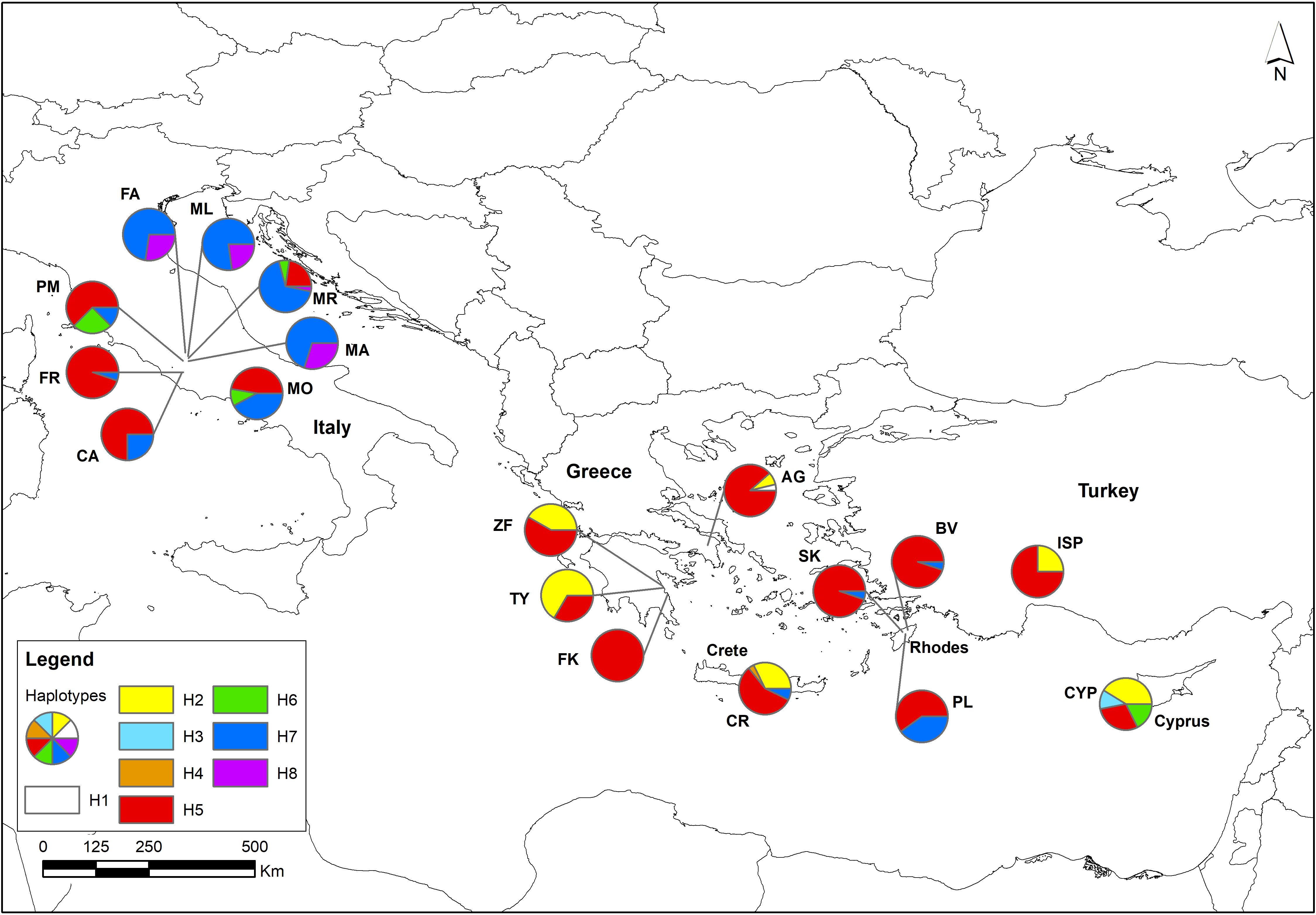 Map of the Mediterranean region with pie charts indicating haplotype distributions in various locations. Each pie chart uses different colors to represent haplotypes H1 to H8. The legend provides color–haplotype associations. Key locations include Italy, Greece, Turkey, and Cyprus, marked with different pie charts displaying varied proportions of haplotypes.
