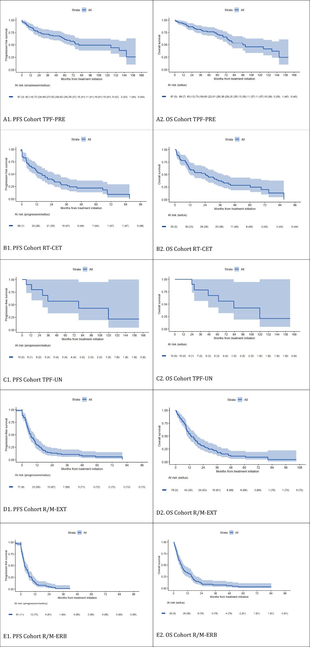 Six panels of Kaplan-Meier survival analysis graphs comparing progression-free survival (PFS) and overall survival (OS) across different cohorts. Graphs display survival percentages over time in months, with shaded areas indicating confidence intervals. Panels are labeled A1 to E2, showing different cohort comparisons: TPF-PRE, RT-CBT, TPF-UN, R/M-EXT, and R/M-ERB, for both PFS and OS. Blue lines represent survival curves for each cohort.