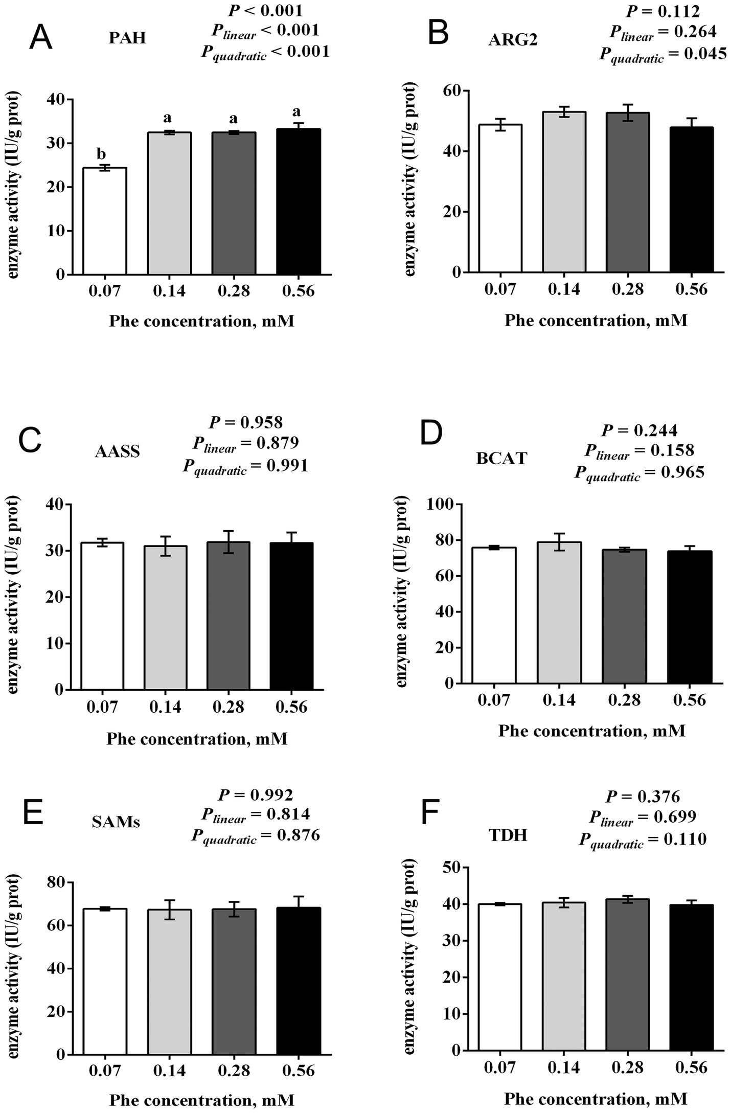 Bar graphs A to F display enzyme activity (IU/g protein) at varying phenylalanine (Phe) concentrations. Graph A shows a significant increase in enzyme activity for PAH with increasing Phe. Graph B shows moderate changes for ARG2. Graphs C (AASS), D (BCAT), E (SAMs), and F (TDH) exhibit no significant changes in enzyme activity, with corresponding p-values indicating nonsignificant linear and quadratic trends.