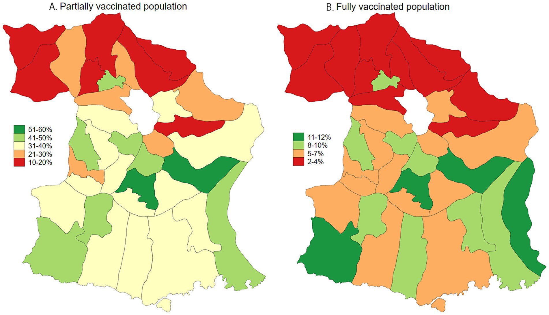 Two maps compare vaccination rates in a region. Map A shows partially vaccinated populations, with color coding from dark green (51-60%) to red (10-20%). Map B depicts fully vaccinated populations, with dark green (11-12%) to red (2-4%). Each color gradient represents varying percentage ranges, indicating differences in vaccination coverage across regions.