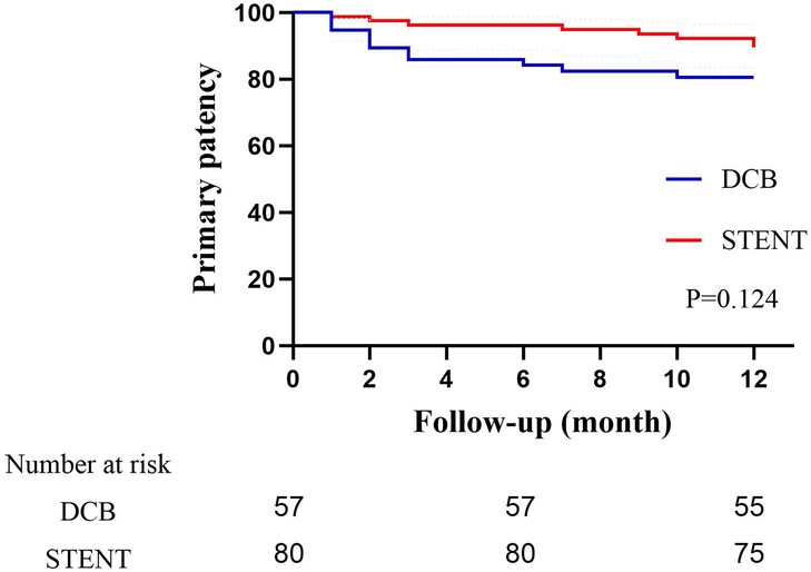 Kaplan–Meier survival curve showing primary patency over twelve months. The blue line represents Drug-Coated Balloon (DCB) and the red line represents Stent. DCB maintains slightly lower patency. The p-value is 0.124, indicating no significant difference. Number at risk: DCB starts at 57 and Stent at 80.