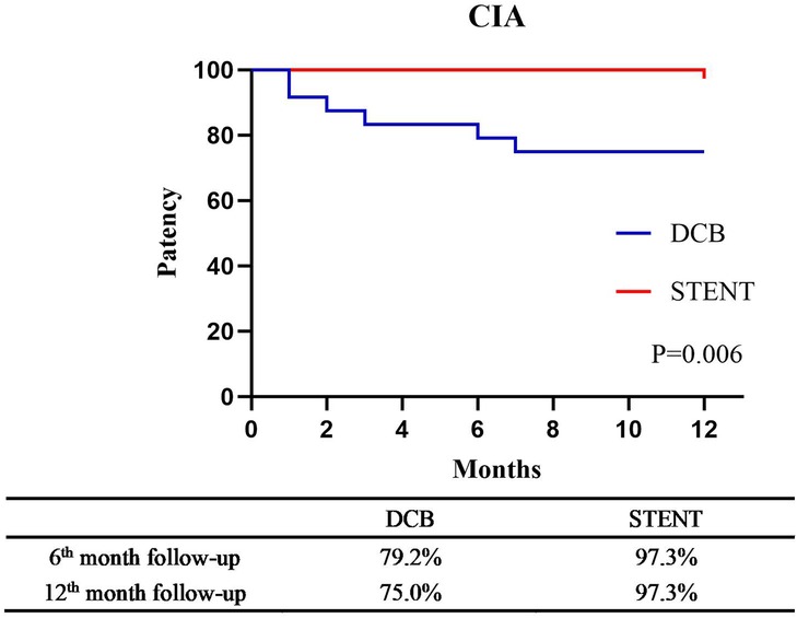 Line graph and table showing patency over 12 months for DCB and STENT in CIA. DCB patency decreases from 100 to 75 percent, while STENT remains constant at 97.3 percent. P-value is 0.006.
