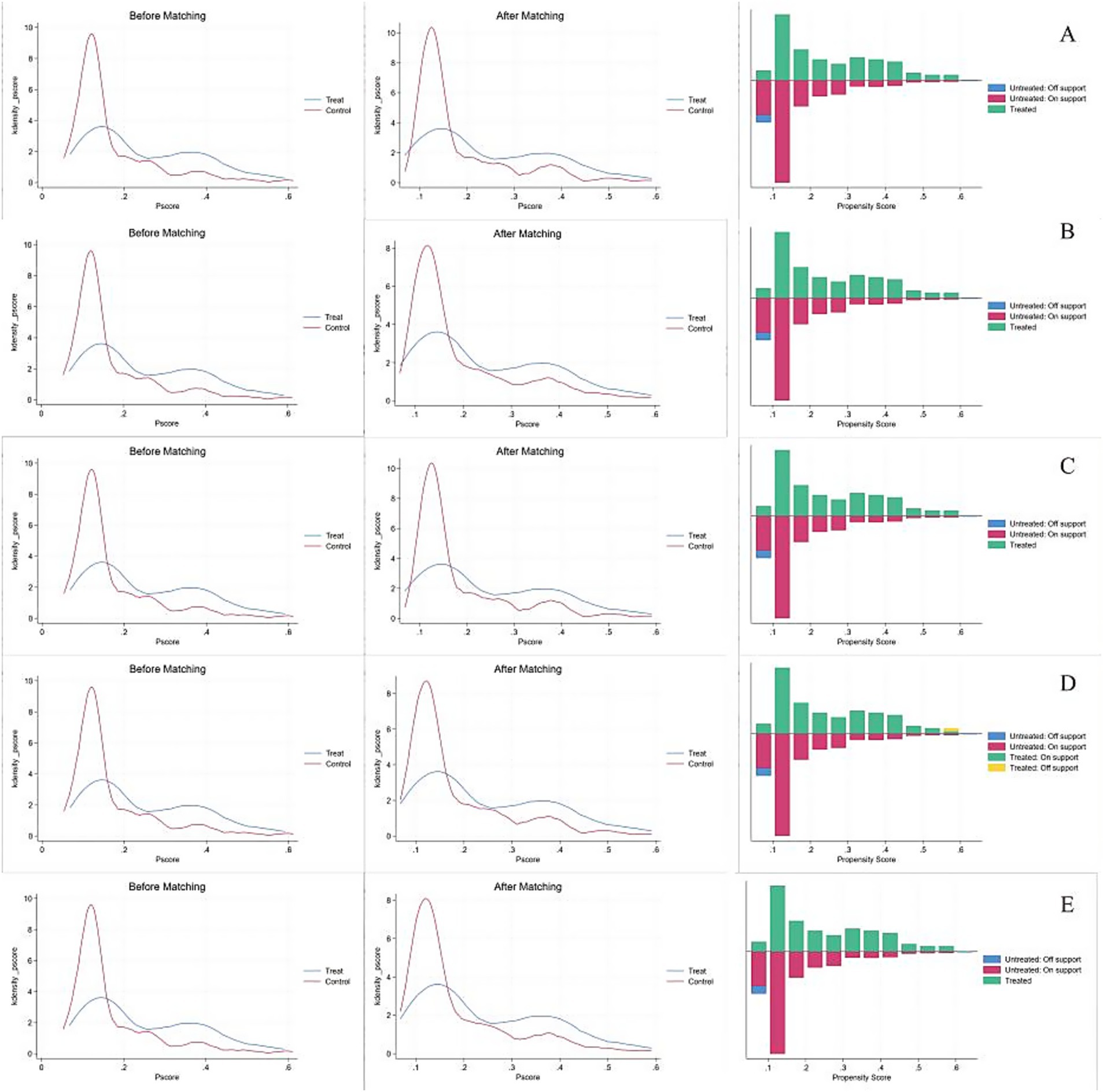 Graphs showing propensity score distributions. Each panel labeled A to E features two line graphs labeled