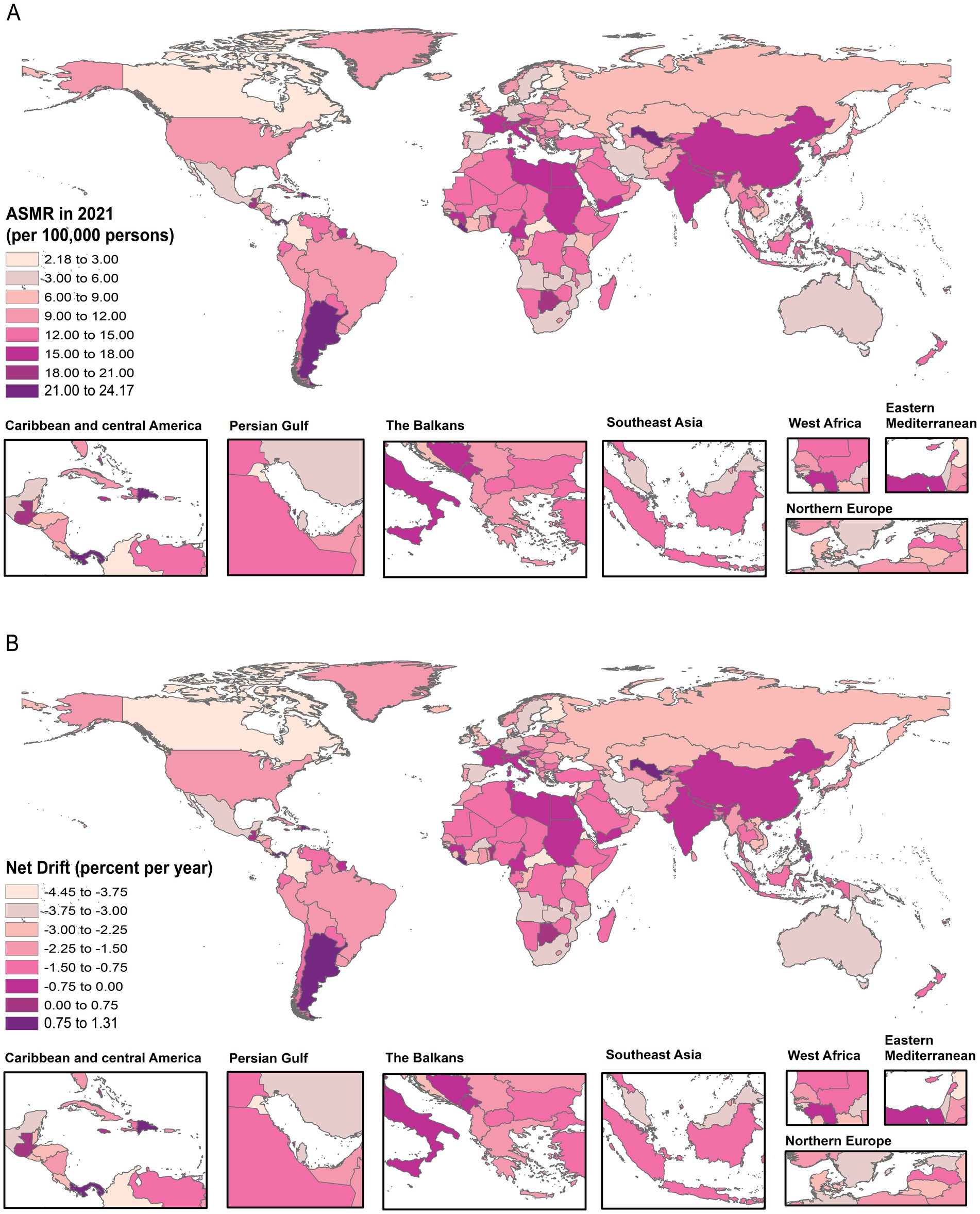 Two world maps labeled A and B. Map A shows Age-Standardized Mortality Rates (ASMR) for 2021, with darker pink indicating higher rates, especially in South America and parts of Africa. Map B depicts Net Drift (percent per year), with darker shades representing higher values, prominently in South America and parts of Africa. Insets highlight regions like the Caribbean, Persian Gulf, Balkans, Southeast Asia, West Africa, Eastern Mediterranean, and Northern Europe.