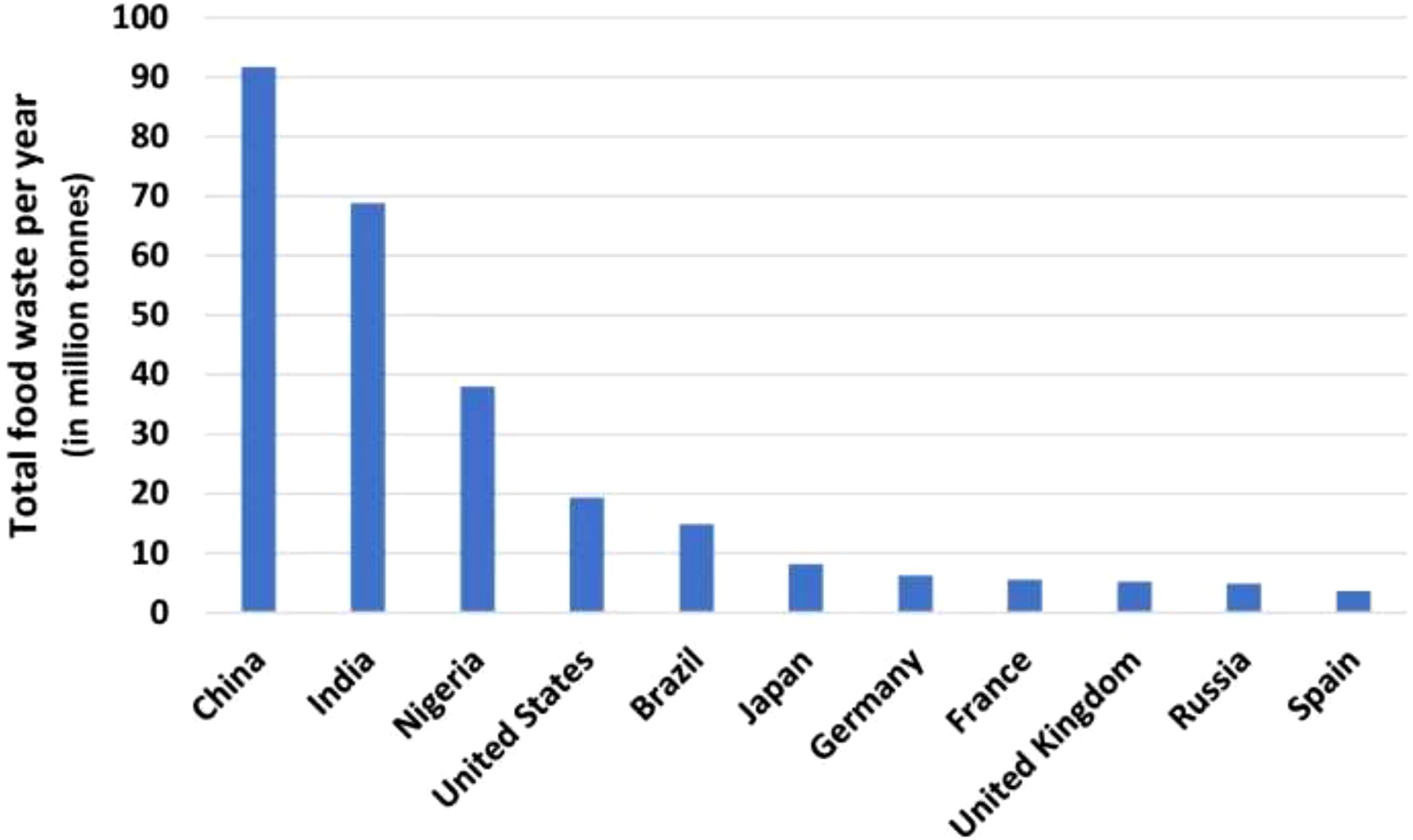Bar chart showing total food waste per year by country in million tonnes. China leads with 92, followed by India at 69, Nigeria at 35, the United States at 19, and Brazil at 12. Japan, Germany, France, the United Kingdom, Russia, and Spain have smaller amounts, under 10 million tonnes each.