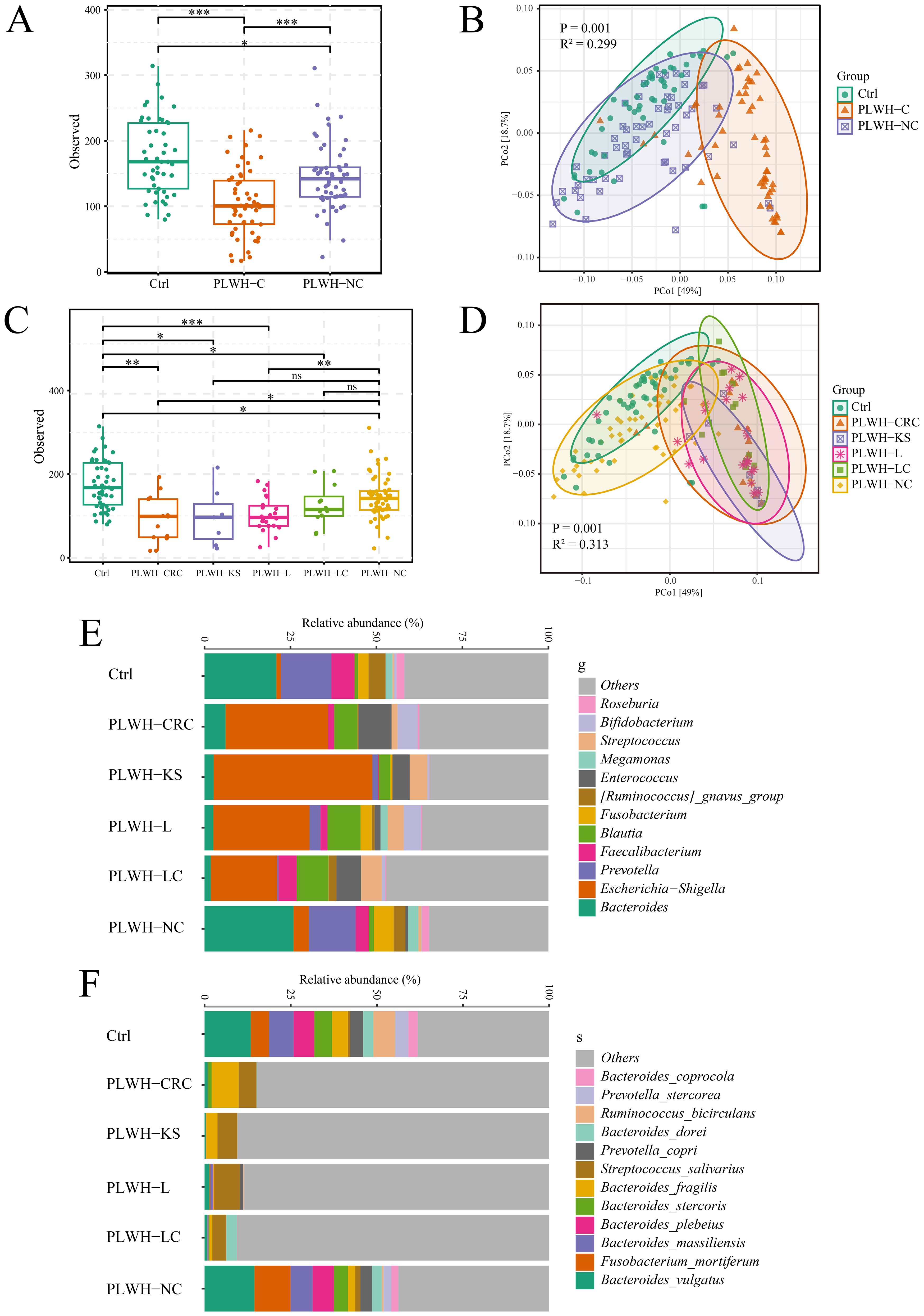 Five panels (A-F) display microbiome diversity and composition. Panels A and C show box plots comparing observed species counts among different groups, highlighting significant differences. Panels B and D present PCA plots depicting clustering of groups based on microbial diversity. Panels E and F are stacked bar charts illustrating the relative abundance of various bacterial genera across groups, with each color representing a different genus. The legend identifies the groups and genera. Statistical significance is noted in panels A and C.