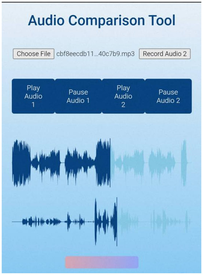 Audio comparison tool interface showing buttons for playing and pausing two audio tracks labeled Audio 1 and Audio 2. Below are waveforms representing each audio track on a light blue background.