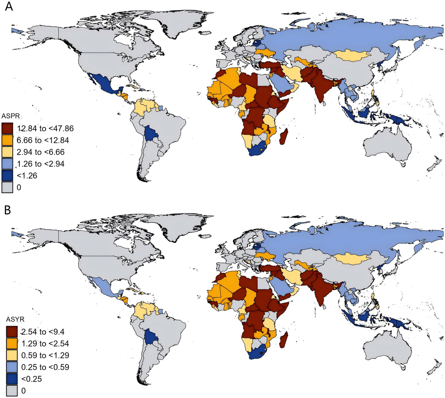 Two world maps display health data with color-coded legends. Map A shows ASPR rates, ranging from 0 to 47.86, with darker colors for higher values concentrated in Africa and Asia. Map B illustrates ASYR rates, spanning from 0 to 9.4, with similar color distribution. Both maps use a gradient from light blue (low) to dark red (high) and focus on regional differences.