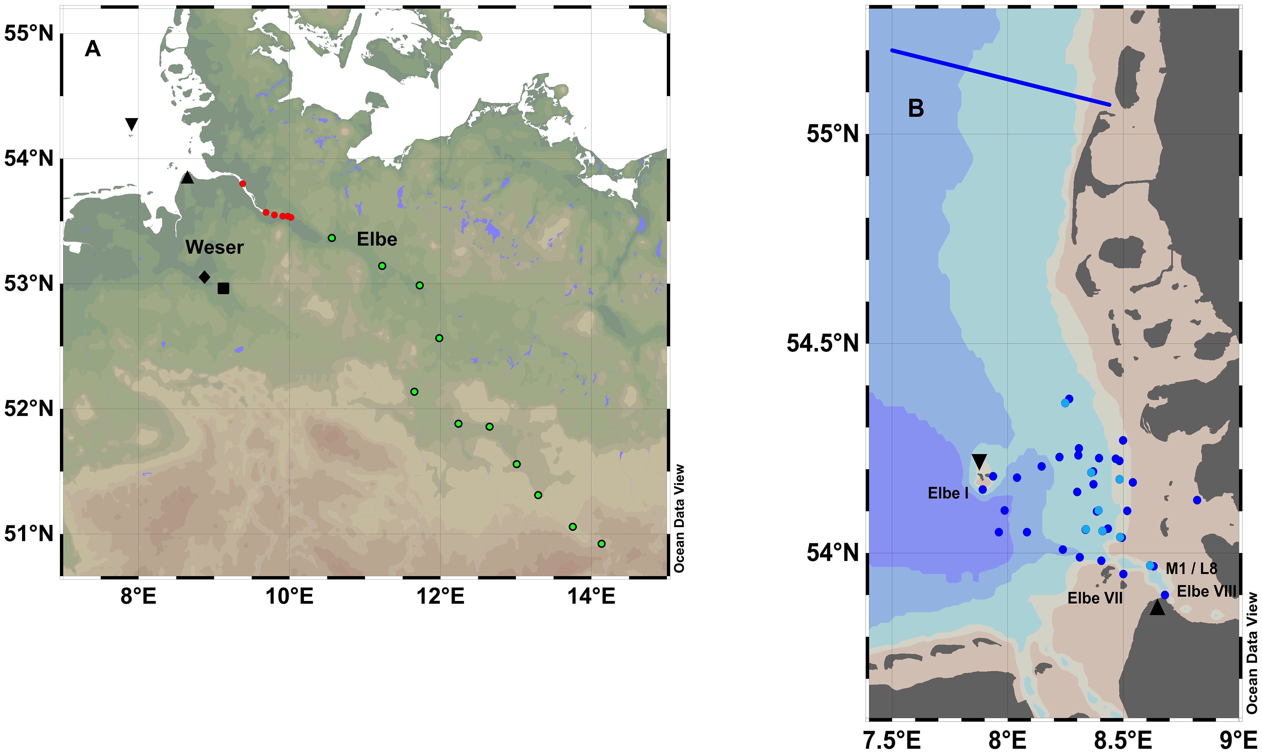 Map with two panels. Panel A shows rivers Weser and Elbe in northern Germany, with red and green markers highlighting specific locations. Panel B details the Elbe river's coastal area, showing various zones in different shades of blue and tan, with blue markers indicating specific sites. Coordinates and labels provide geographical context.