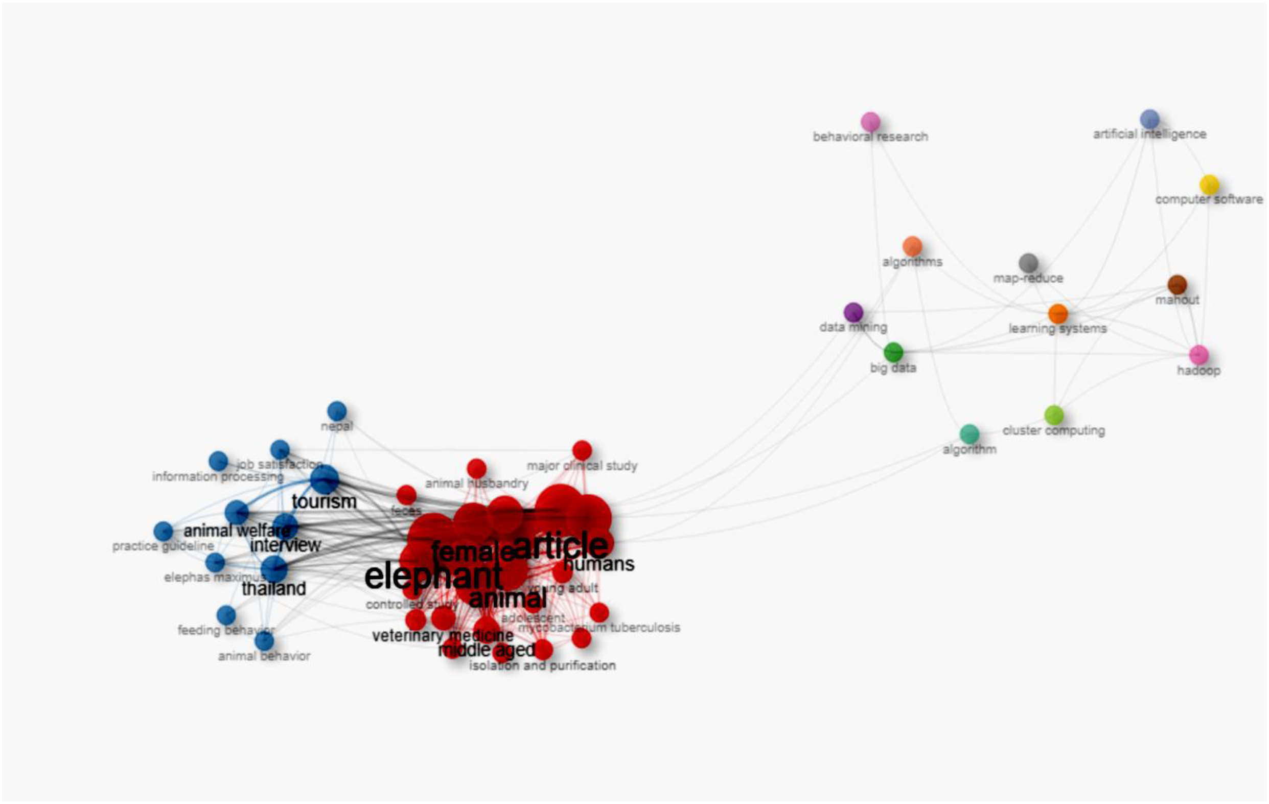 Network visualization showing clustered keywords related to elephants, tourism, and technology. Blue nodes represent tourism-related terms, red nodes focus on elephants and veterinary medicine, and various colored nodes depict technology topics like artificial intelligence and data mining, connected by gray lines indicating relationships.