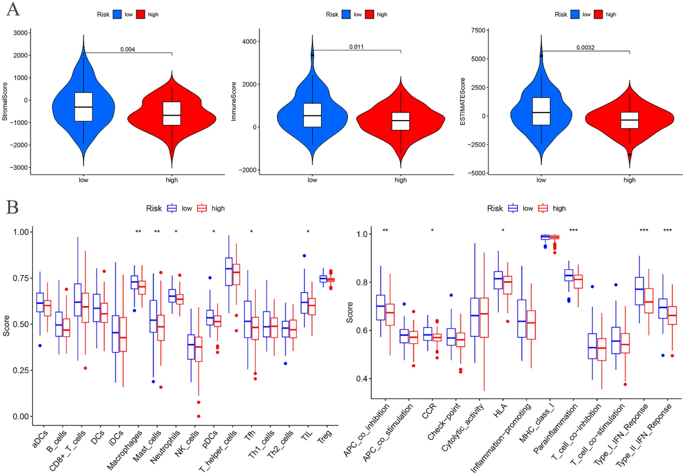 Panel A displays violin plots comparing StromaScore, ImmuneScore, and ESTIMATEScore between low and high-risk groups, showing significant differences with p-values of 0.004, 0.011, and 0.0032, respectively. Panel B presents box plots comparing various immune cell and activity scores, such as CD8+ T cells, macrophages, and T helper cells, between low and high-risk groups. Significant differences are indicated by asterisks, with low-risk groups in blue and high-risk groups in red.