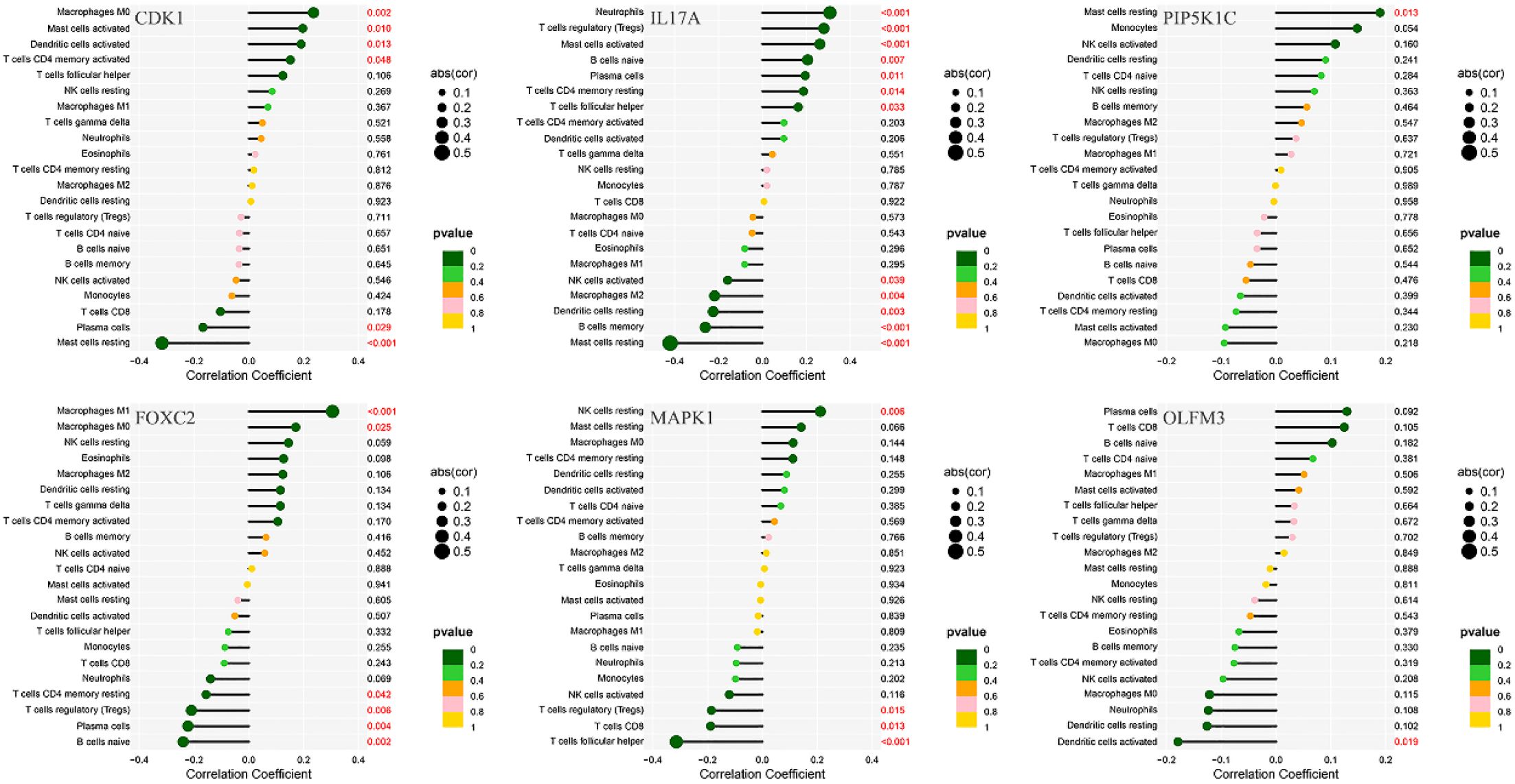 Six bar graphs display correlation coefficients and p-values for different cell types across six genes: CDK1, IL17A, PIP5K1C, FOXC2, MAPK1, and OLFM3. Each graph shows correlations with various immune cells, with the magnitude of correlation depicted by circle size and significance by color. Significant p-values are highlighted in red.