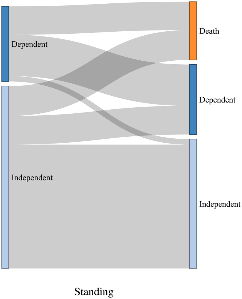 Sankey diagram illustrating transitions among three states: dependent, independent, and death. The flow shows how individuals move from being dependent or independent, with some resulting in death.