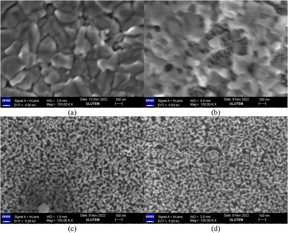 Four scanning electron microscope images labeled (a) to (d) show surface textures at high magnification of 150,000 times. Image (a) and (b) depict a grainy texture with slight differences in contrast. Images (c) and (d) display a more uniform, fine-textured pattern. Each image includes technical details such as working distance, date, and equipment settings.