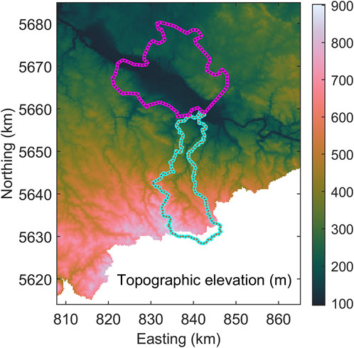 Topographic elevation map with color gradients representing elevation from 100 to 900 meters. Magenta and cyan dotted lines outline specific areas. Northing and Easting are marked in kilometers.
