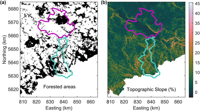 Panel (a) shows a black and white map highlighting forested areas with magenta and cyan outlines. Panel (b) depicts a colored topographic slope map with the same magenta and cyan outlines, and a gradient scale indicating the slope percentage from zero to forty-five on the right. Both panels use easting and northing coordinates in kilometers.