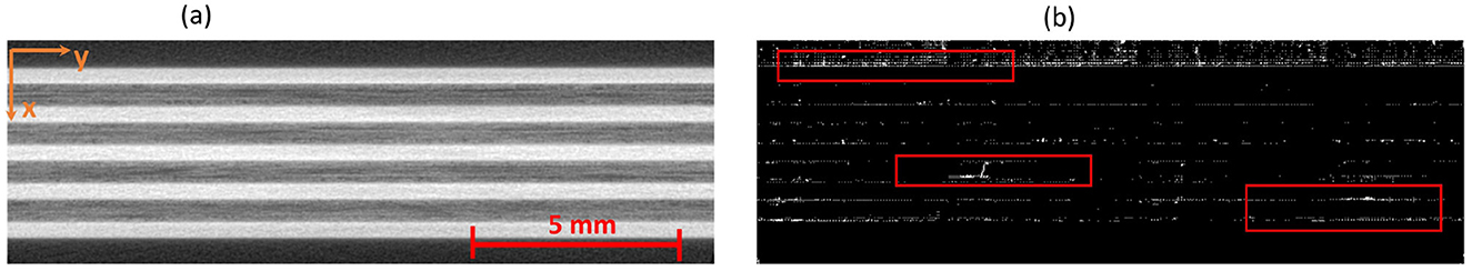 (a) Greyscale CT slice showing horizontal layers of an undamaged plate with a scale marking 5 millimeters. (b) Black background with a pattern and several rectangular red outlines highlighting specific areas.