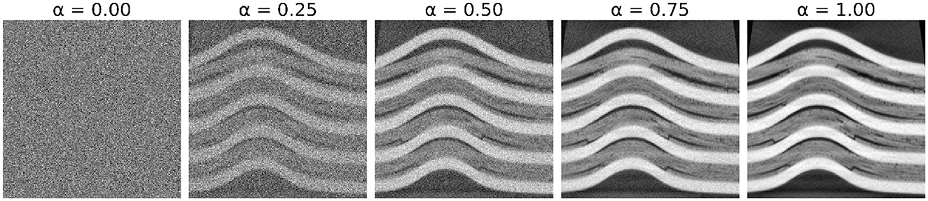 Five grayscale images display FML layers with decreasing noise. Labels indicate alpha values from zero to one, showing the reduction in noise.