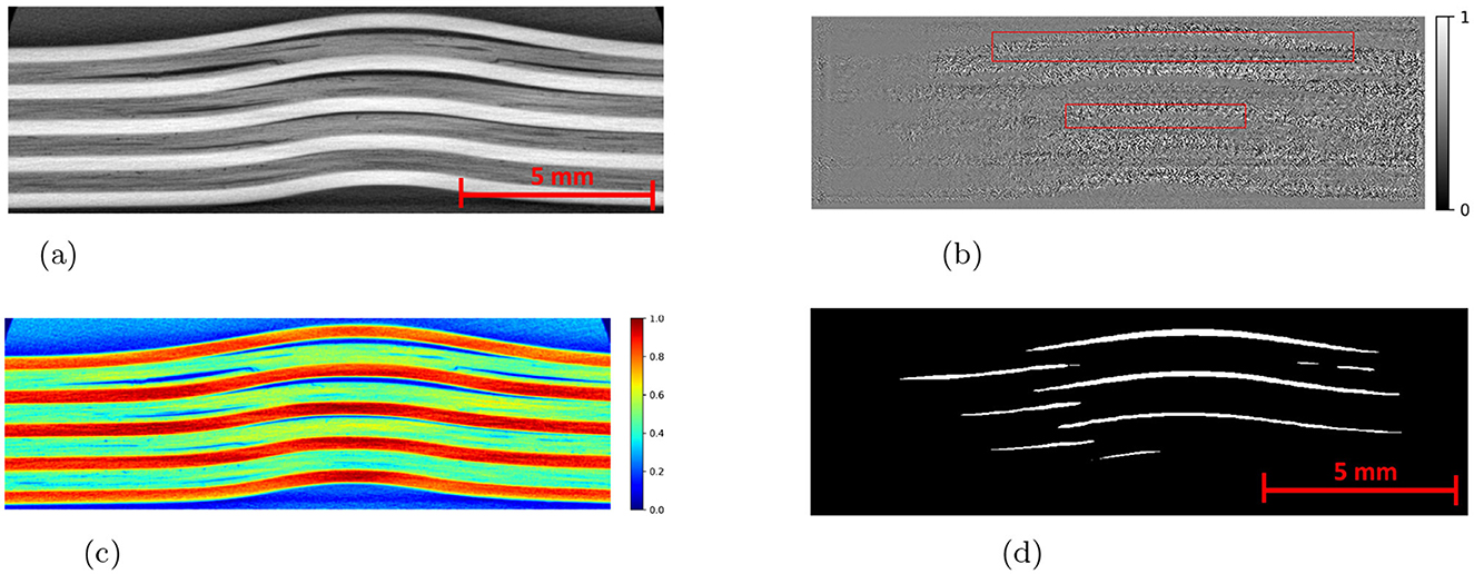 (a) Black and white CT slice showing FML plates with a red scale bar indicating 5 millimeters. (b) Gray attribution map overlay with two red rectangles highlighting areas of interest. (c) Colorful attribution map displaying pixels in varying colors from blue to red, indicating different values. (d) Predicted mask in black and white, showing damage features with a 5-millimeter scale bar.