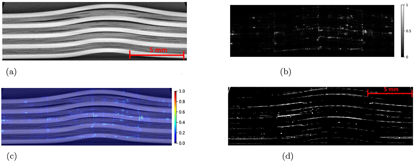 (a) A CT slice showing layered material with impact energy of 10 Joules, marked with a 5 mm scale. (b) An attribution map with varying intensity. (c) Overlap of attribution map and CT slice, highlighting intensity differences. (d) A predicted mask indicating structural details, also using a 5 mm scale.