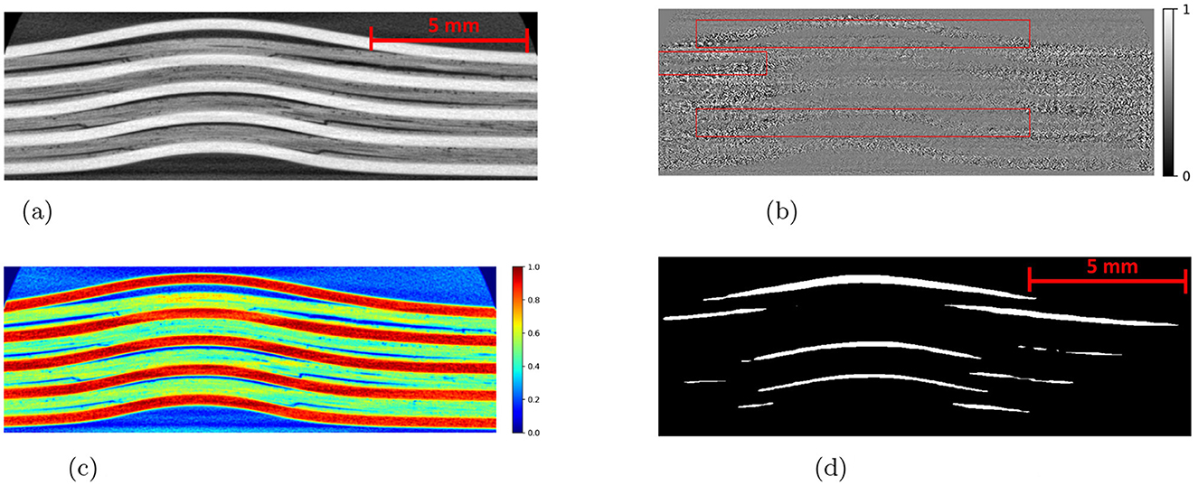 (a) Black and white CT slice showing FML layers representing material impacted with 12.5 Joules. (b) Attribution map overlay, grayscale with red boxes highlighting specific areas. (c) Attribution map with modified loss, displaying a color gradient from blue to red. (d) Predicted mask, black background with white, damage features indicating detected regions. Scale marker of 5 millimeters included in images (a) and (d).