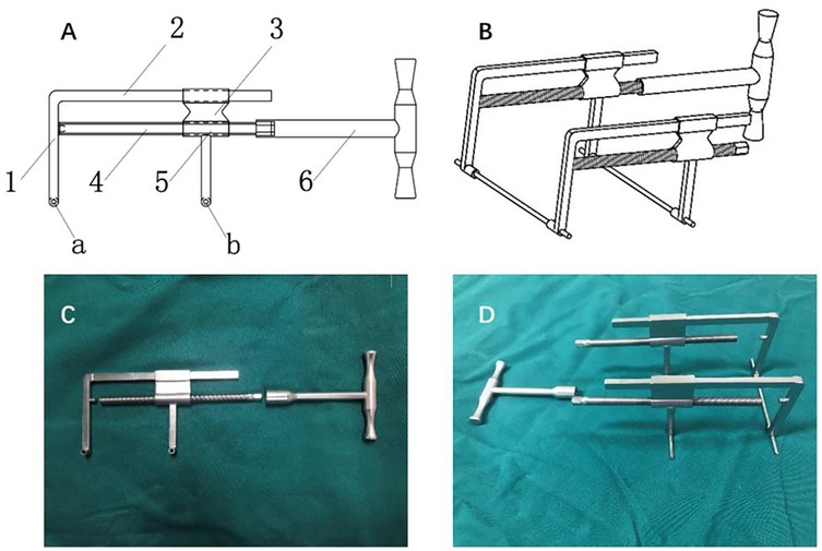 Diagram and images of a medical instrument with labeled components. Panel A shows a schematic with parts numbered one to six. Panel B displays a three-dimensional illustration of the device. Panel C features a single device against a green background. Panel D shows two devices parallel to each other on the same background.