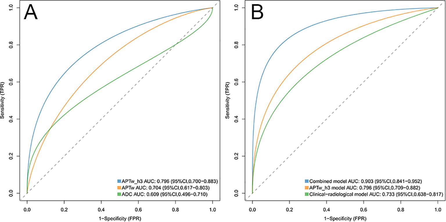 Two ROC curve graphs labeled A and B. Graph A compares AUC scores for APTw_h3, APTw, and ADC models with AUC values of 0.796, 0.704, and 0.609, respectively. Graph B compares a combined model, APTw_h3, and clinical–radiological model with AUC values of 0.903, 0.796, and 0.733, respectively. Both graphs plot sensitivity versus one minus specificity.