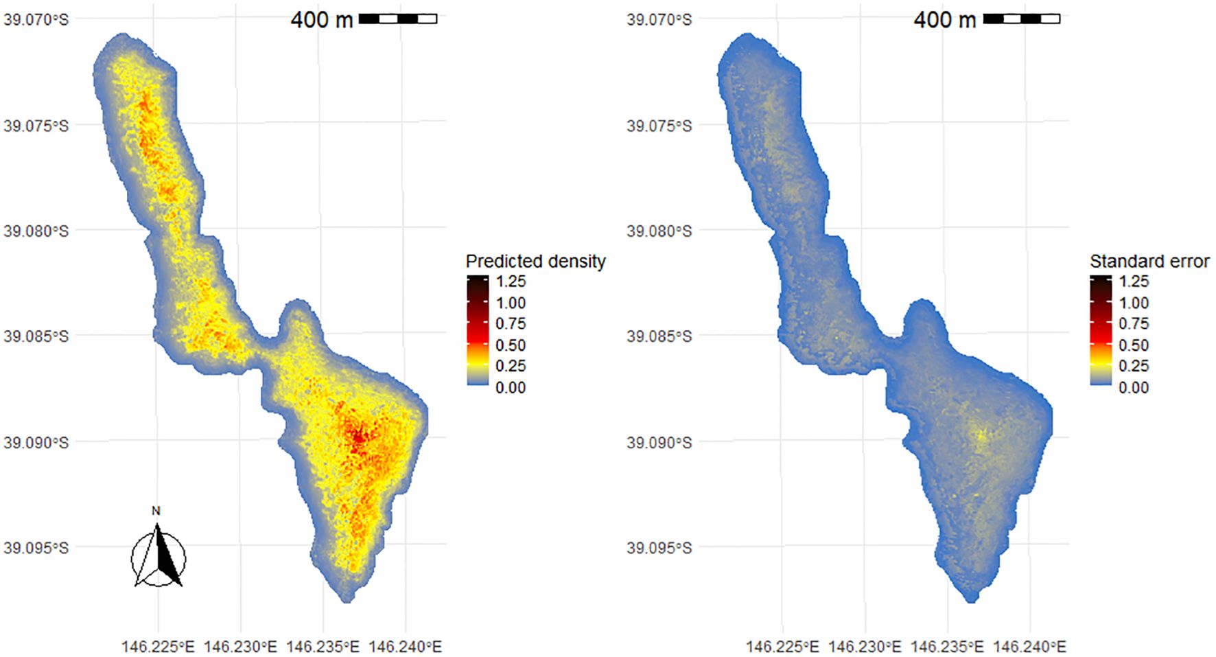 Two maps showing predicted density and standard error in a geographic area. The left map displays predicted density ranging from zero to 1.25, with warmer colors indicating higher density. The right map depicts standard error with a similar color gradient. Both maps include a scale bar and compass for orientation.