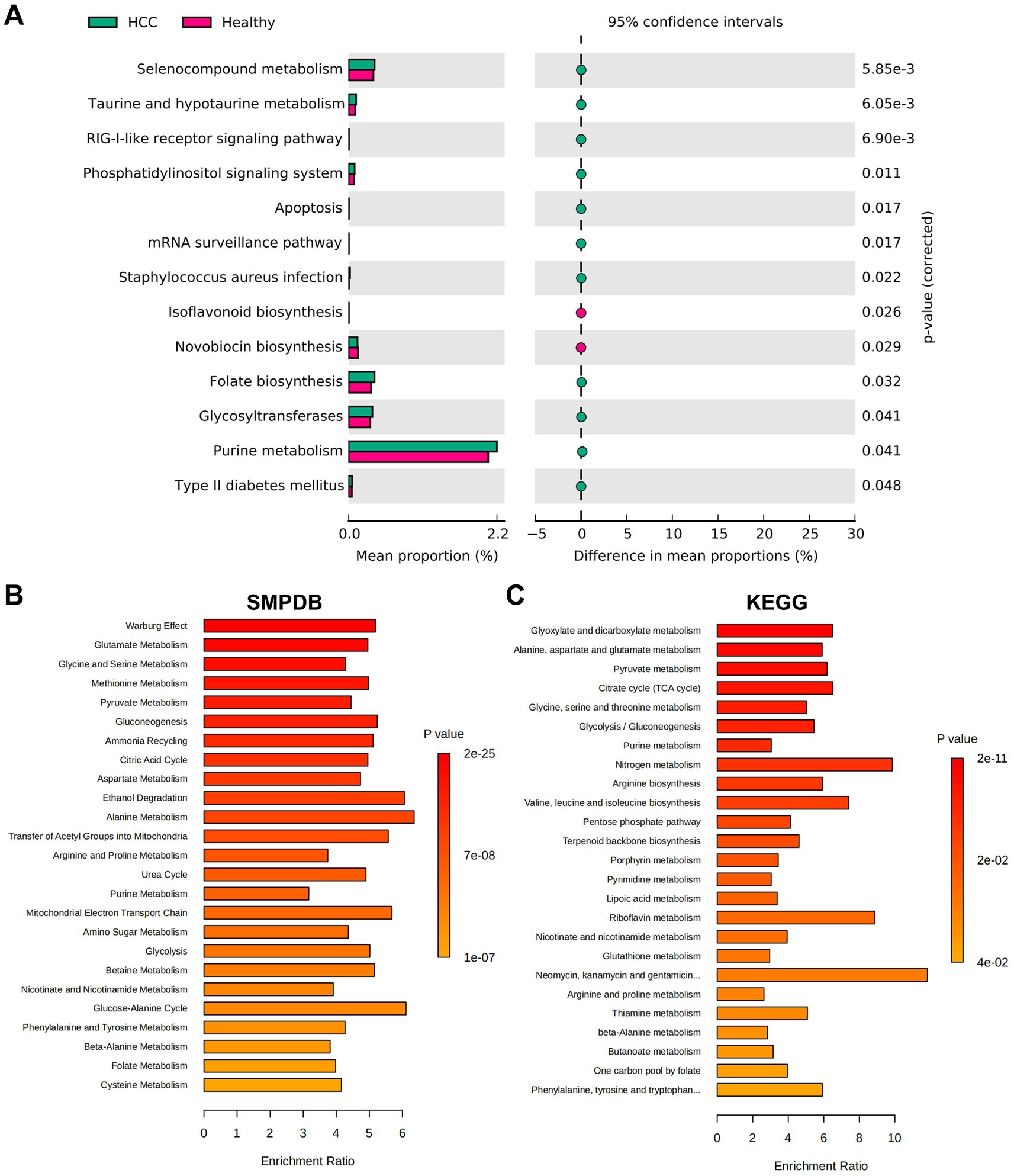 Panel A shows a bar graph comparing mean proportions of various metabolic pathways in HCC and healthy samples with 95% confidence intervals and corrected p-values. Panels B and C display enrichment ratios for metabolic pathways from SMPDB and KEGG, respectively, with corresponding p-values, using a gradient color scale to indicate significance.