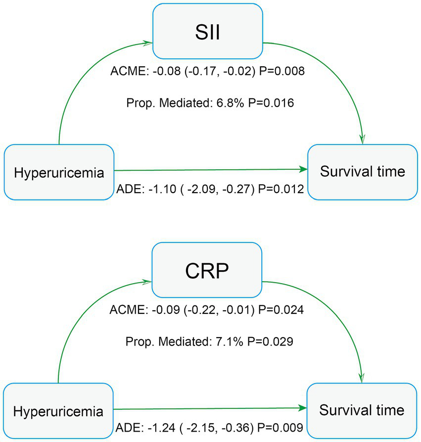 Diagram showing the effect of hyperuricemia on survival time mediated by SII and CRP. Top section: SII mediates with ACME of -0.08, ADE of -1.10. Proportion mediated is 6.8%. Bottom section: CRP mediates with ACME of -0.09, ADE of -1.24. Proportion mediated is 7.1%.