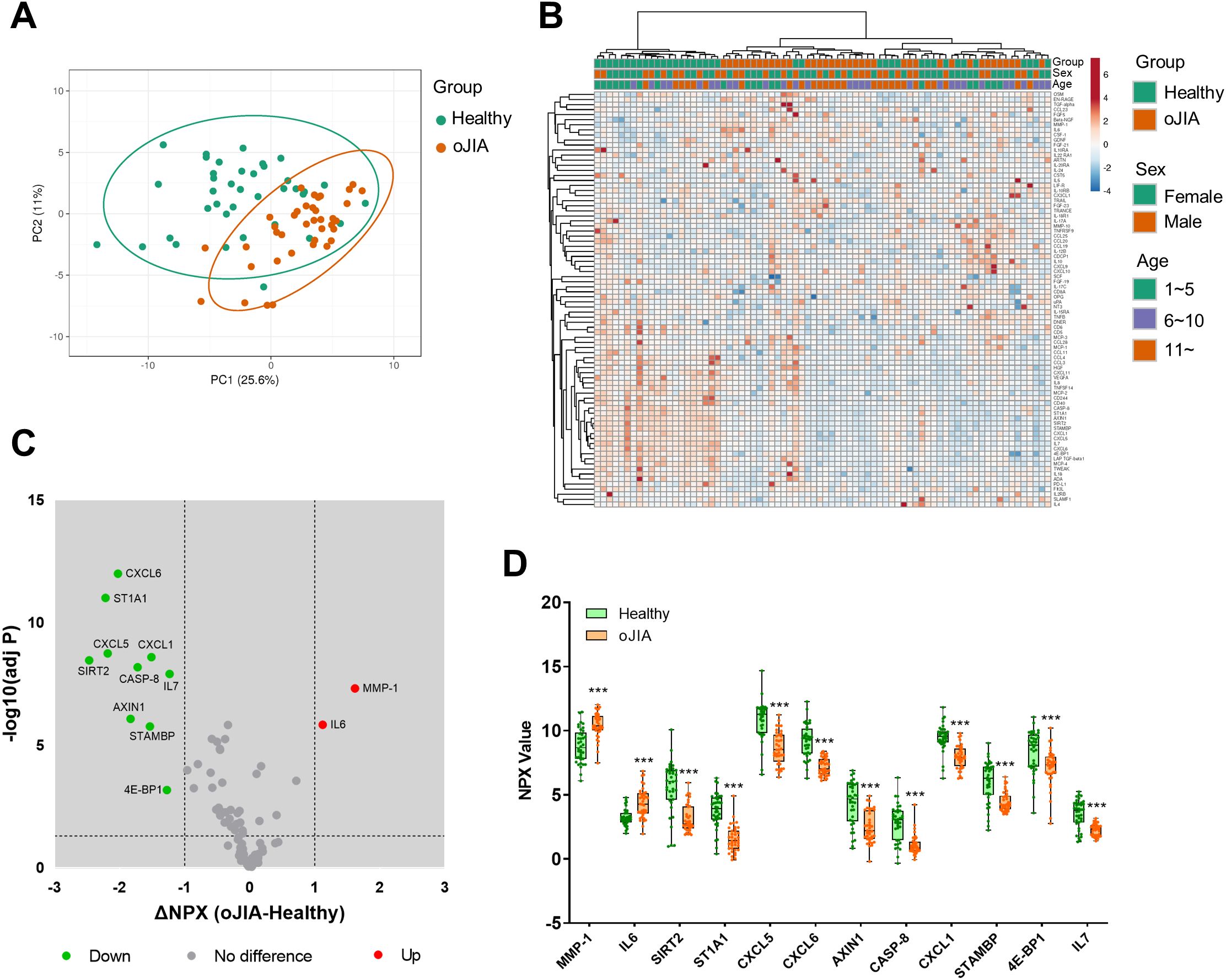 Four-panel scientific visualization. Panel A shows a PCA plot comparing healthy (green) and oJIA (orange) groups with two clusters. Panel B is a heatmap with hierarchical clustering, displaying group, sex, and age distinctions. Panel C is a volcano plot showing significant protein differences, with up- or down-regulated proteins highlighted. Panel D is a box plot comparing NPX values of various proteins for healthy and oJIA groups, with statistical significance indicated with asterisks.