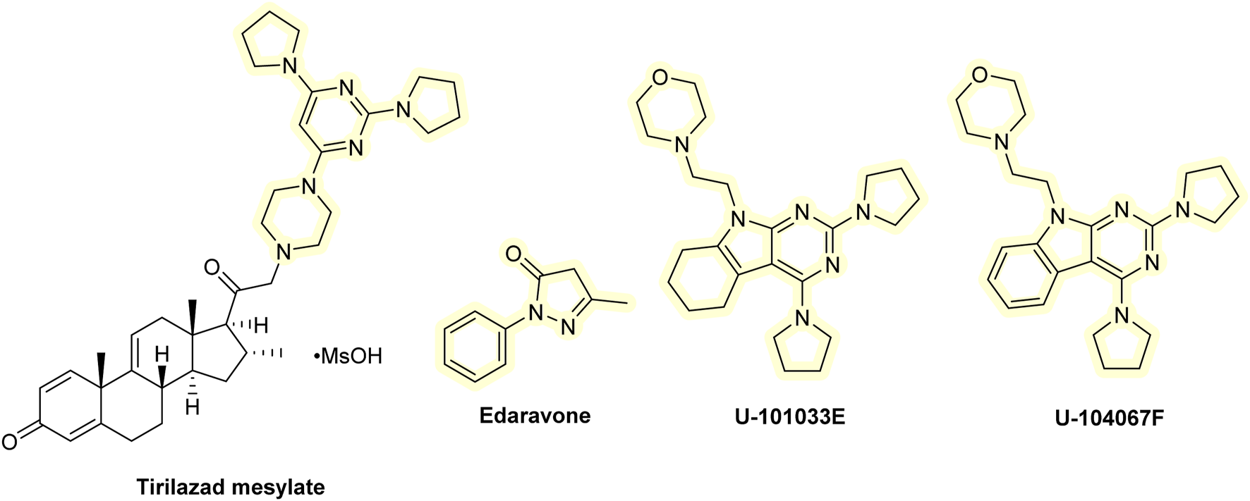 Chemical structures of four compounds: Tirilazad mesylate, Edaravone, U-101033E, and U-104067F. Each structure displays detailed molecular configurations with nitrogen and oxygen heterocycles highlighted.